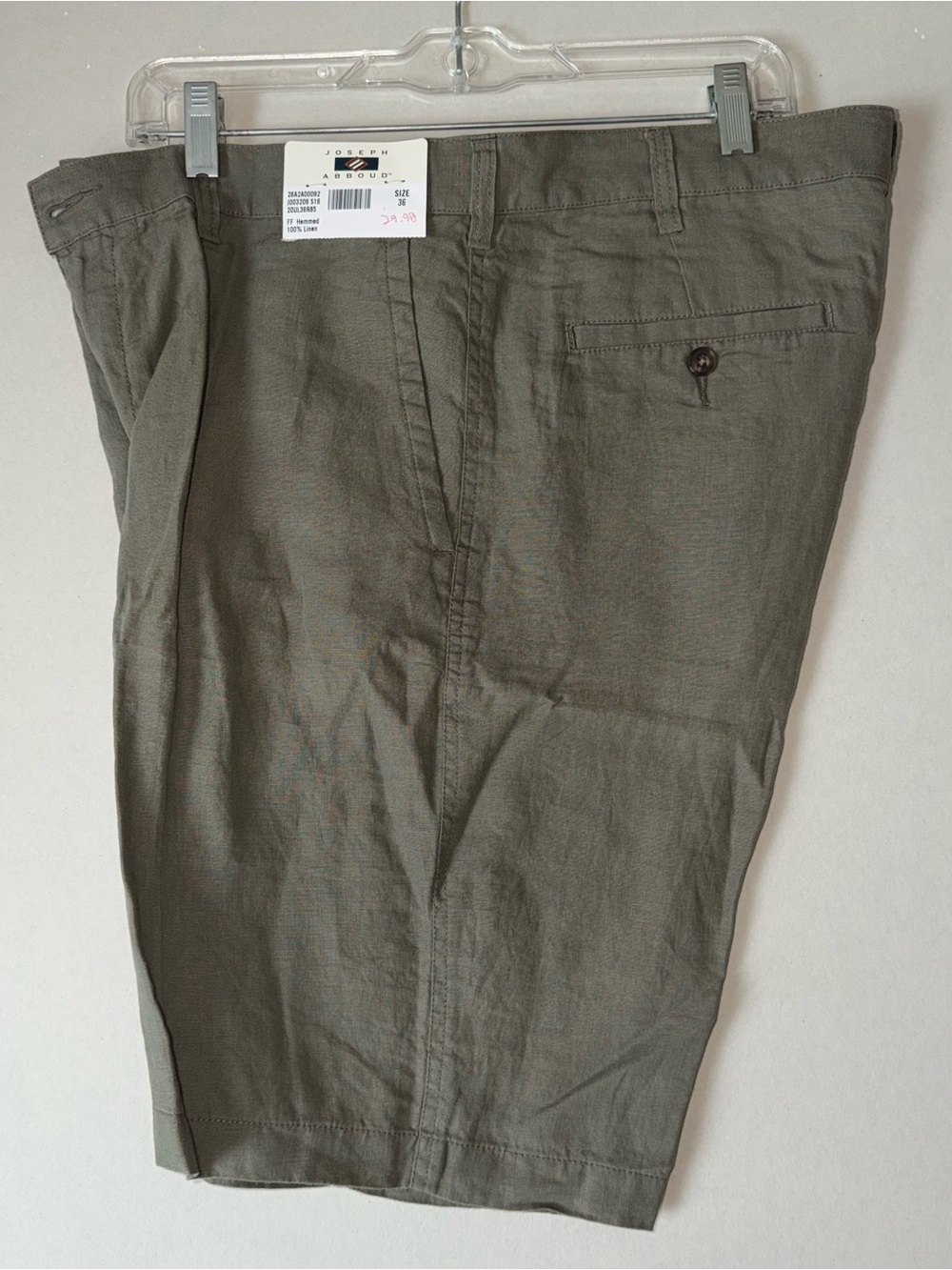 Title 429: Joseph Abboud 100% Linen Shorts Olive Green Mens 36 Flat Front